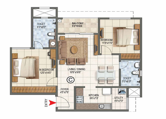 Prestige Lavender Fields 2 BHK Floor Plan